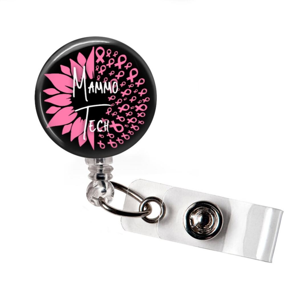 Badge Reel Mammography Technologist Mammo Tech Sunflower Breast Cancer ID Holder